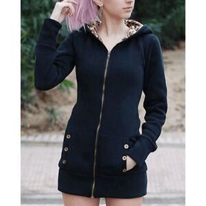 Women's Solid Leopard Inner Zip Hooded Outwear